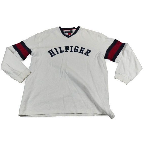VTG Tommy Hilfiger Spell Out Sweatshirt Mens Large Off‎ White  Red Blue Stripes - Picture 1 of 11